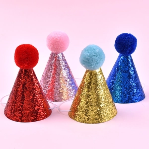 Sparkly sequins birthday party hats for pets in gold, blue, pink, and red colors