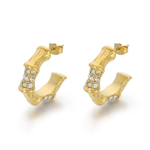 Minimalist 18K gold-plated stainless steel C-shaped bamboo earrings with white crystals