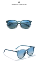 Detail of polarized sunglasses with transparent blue frame and red-green striped temple