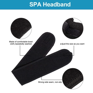 Detail view of black towel SPA headband with adjustable velcro and strong non-slip seams