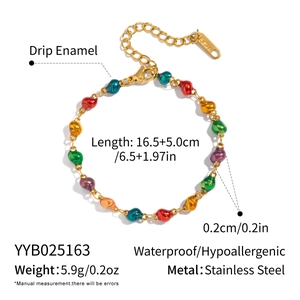 Detail of colorful drip enamel stainless steel bracelet with sizing and material specs