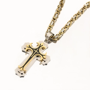 Two-tone silver and gold Byzantine chain necklace with a layered cross pendant for men