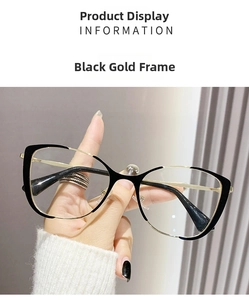 Close-up of stylish cat-eye glasses frame in black and gold metal finish
