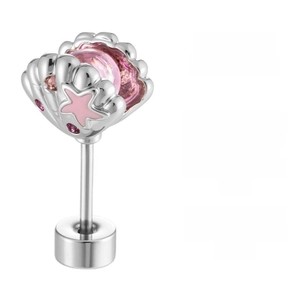 Macro detail of silver shell stud earring with pink starfish and zircon inlay