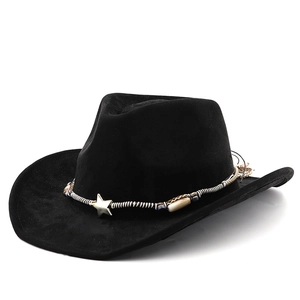 Classic black suede western cowboy hat with star buckle and ethnic beaded trim