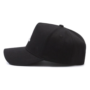Classic black high-top baseball cap with white letter embroidery and curved brim