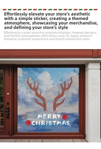 Detailed shop window display of Merry Christmas reindeer antler static stickers for holiday decoration