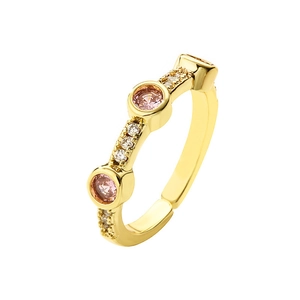 Elegant gold open ring with two pink round stones and white zircon accents on a white background