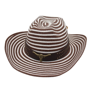 Chapeau de cowboy en paille rayée style western avec large bord et ornement métallique taureau