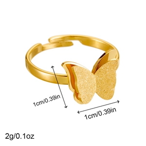 Adjustable gold butterfly ring with matte finish and 1cm size dimension markings