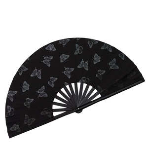 Close-up of a 33cm black bamboo folding fan with reflective gray butterfly patterns