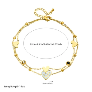 Double-layered gold-plated heart anklet with crystal charms and adjustable chain extender
