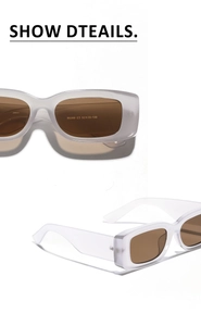 Detail view of modern retro rectangle sunglasses with translucent frames and model specs