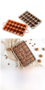 Detail of 18-cavity non-stick brownie pan with removable divider and dual handles