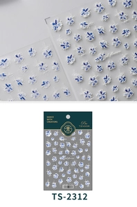 Macro detail of 5D blue and white ink flower embossed nail art stickers TS-2312