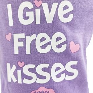 Detailed close-up of purple knit pet shirt featuring 'I Give Free Kisses' slogan print