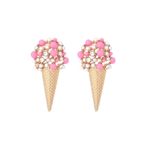 Cute ice cream stud earrings with pink resin beads, faux pearls and crystals in gold cones