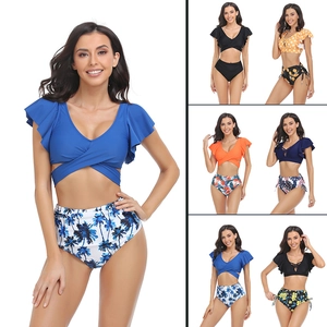 Women Bikini Top And High Waisted Bottom Swimsuit Ruffle Sleeve Tropical Floral Bathing Suit Beachwear Stretchy Nylon