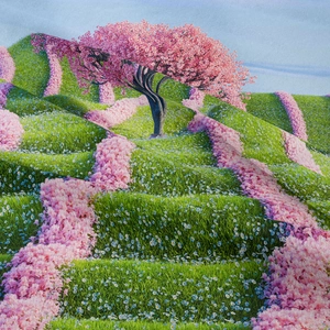 Bohemian landscape tapestry with cherry blossoms and green meadow printed on soft fabric
