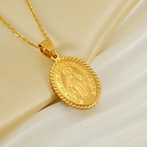 Golden Virgin Mary oval religious pendant necklace with intricate relief and rope edge