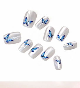 Detail of silver cat-eye press-on nails featuring vibrant blue butterfly motifs