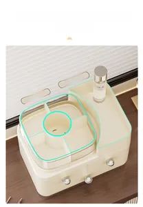 Detail of cream white cosmetic organizer with rotating top slots and transparent knobs