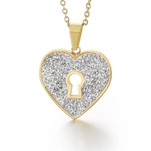 Elegant gold heart pendant necklace with full crystal pavé and keyhole design detail