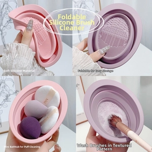 Macro detail of foldable silicone cleaning bowl for makeup brushes and sponges