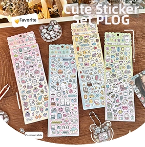 Set of four Korean-style cartoon bear stickers in pink blue yellow and green tones