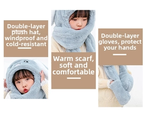 Detail of blue plush 3-in-1 children hat scarf and mittens set with thick thermal lining