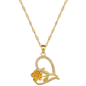 Elegant gold heart pendant necklace featuring a blooming rose and sparkling crystals