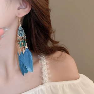 Detail of bohemian long feather earrings with turquoise enamel and vintage bronze charms