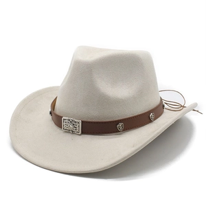 Detail of faux suede cowboy hat featuring brown leather band with silver engraved buckle