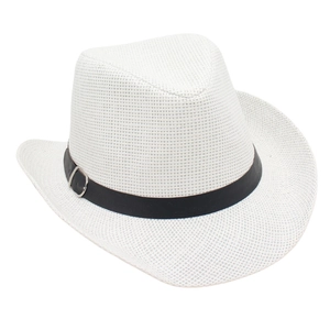 Detailed view of a white woven straw cowboy hat featuring a black band and buckle
