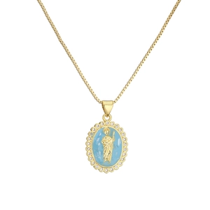 Gold-plated priest pendant necklace with light blue enamel and sparkling crystals