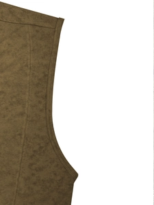 Detail of double-stitched seams and dark tan suede texture on the men's hooded tank top