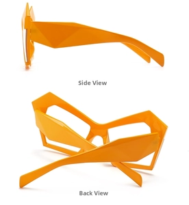 Detailed side and back views of bright orange geometric cat-eye polygonal sunglasses