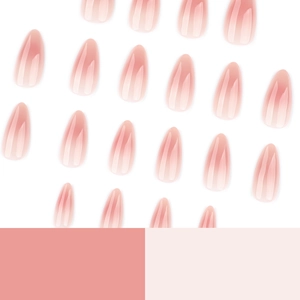 Glossy almond-shaped press-on nails with natural nude pink gradient effect on white background