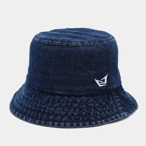 Detail of white embroidery logo on a dark blue denim bucket hat with stitched brim