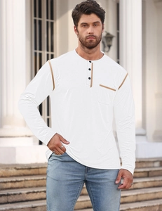 Detail of white long sleeve Henley shirt with brown trim and buttoned chest pocket