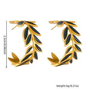 Retro gold-plated stainless steel olive leaf earrings with black enamel inlay and size labels