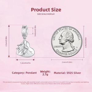 Detailed size comparison of a 925 sterling silver heart bow charm with dimensions and coin
