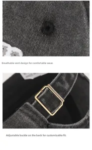 Detail of washed cotton baseball cap showing metal adjustable buckle and embroidered eyelets