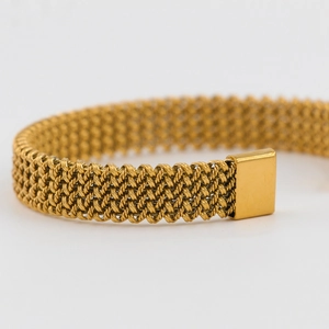 Minimalist 18K gold plated mesh twist woven stainless steel open cuff bracelet
