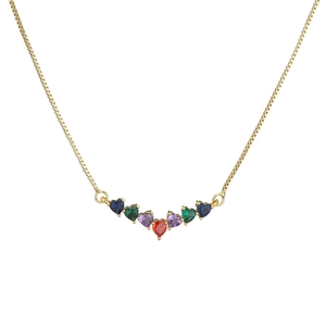 Golden box chain necklace featuring seven colorful heart-shaped crystal pendants