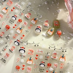 Stickers à ongles de Noël avec chats mignons, gâteaux et flocons en argent métal