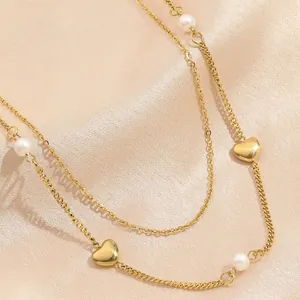 Double Layer Heart Pendant Necklace With Artificial Pearls Stainless Steel Elegant Fashion Light Luxury Jewelry For Women