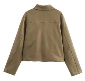 Back view of tan faux suede cropped jacket with reinforced seams and horizontal yoke