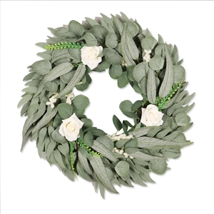 Artificial eucalyptus and white rose wreath for spring home wall and door decoration