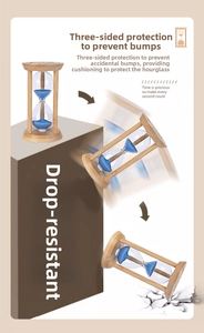 Detail of blue sand hourglass with a three-pillar shockproof wooden frame structure